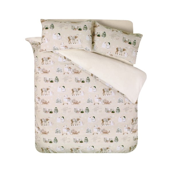 Beżowa pościel jednoosobowa z mikropluszu 135x200 cm Winter Friends – Catherine Lansfield