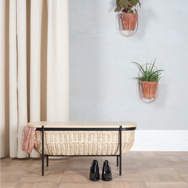 Ławka wiklinowa z czarną konstrukcją i schowkiem OK Design Willow-image-1