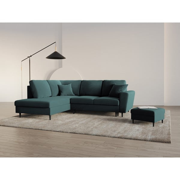 Morski aksamitny rozkładany narożnik ze schowkiem (lewostronny/w kształcie litery L) Kyoto – Cosmopolitan Design-image-2