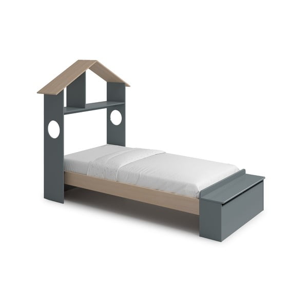 Łóżko dziecięce w dekorze sosny w kształcie domku ze schowkiem ze stelażem 90x190 cm w naturalnym kolorze/szarozielone Odessa – Marckeric-image-4