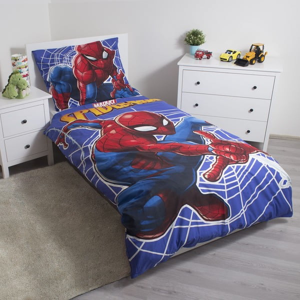 Czerwono-niebieska bawełniana fluorescencyjna pościel dziecięca jednoosobowa 140x200 cm Spider-man – Jerry Fabrics-image-1