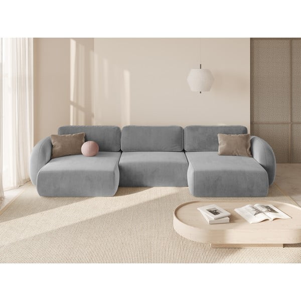 Jasnoszary aksamitny rozkładany/ze schowkiem narożnik (w kształcie litery U) Tonale – Cosmopolitan Design-image-1