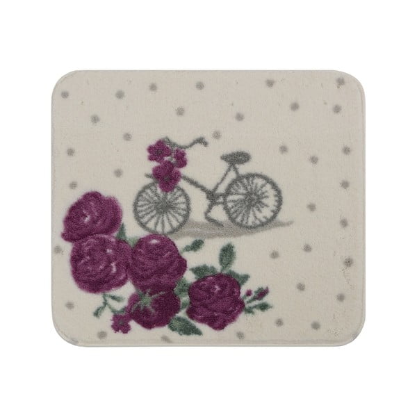 Biały dywanik łazienkowy s fialovou květinou Confetti Bathmats Vintage Bike, 50x57 cm