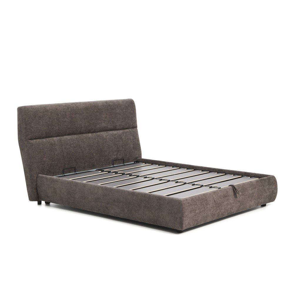 Ciemnobrązowe tapicerowane łóżko dwuosobowe z szenilu ze schowkiem ze stelażem 160x200 cm Dafra – Kave Home