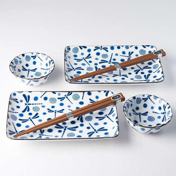 6-częściowy komplet niebiesko-białych naczyń ceramicznych do sushi MIJ Blue Dragonfly-image-1