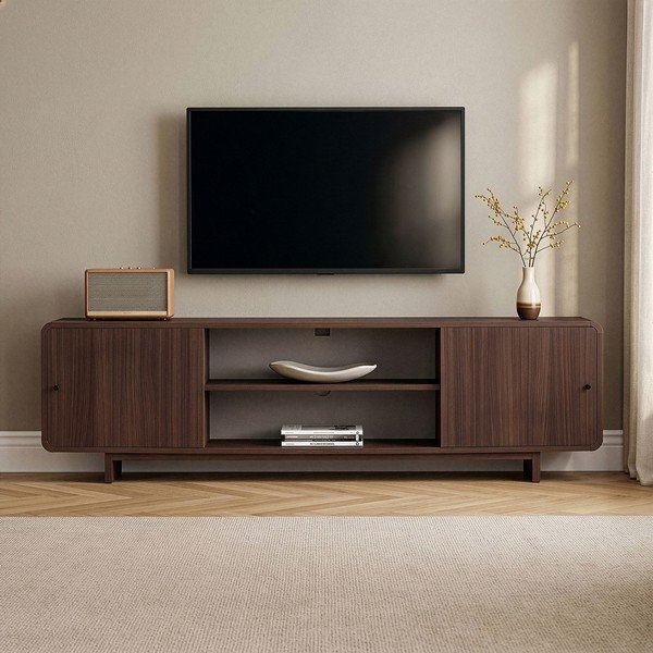 Szafka pod TV w dekorze orzecha w ciemnym naturalnym kolorze 180x52x34 cm Mirel – Nordure-image-1