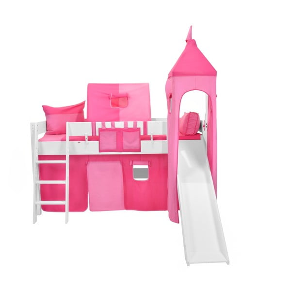 Białe dziecięce łóżko piętrowe ze zjeżdżalnią i różowym zamkiem z bawełny Mobi furniture Luk, 200x90 cm