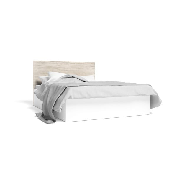 Białe łóżko dwuosobowe w dekorze dębu ze schowkiem 140x190 cm Sahara – Marckeric
