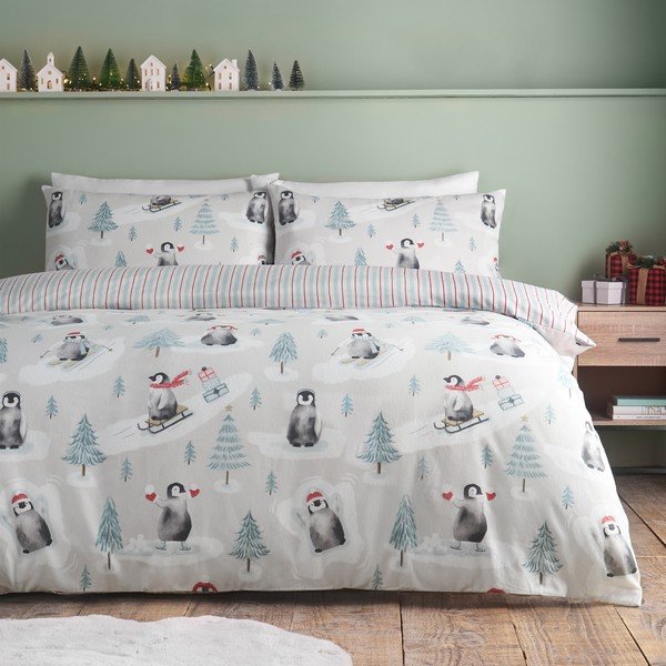 Flanelowa pościel dwuosobowa w naturalnym kolorze 200x200 cm Brushed Christmas Penguins – Catherine Lansfield
