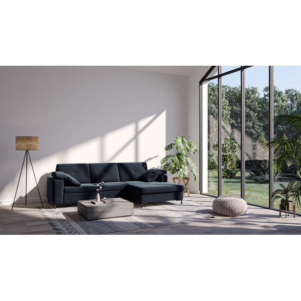 Ciemnoniebieski aksamitny rozkładany narożnik Ghado Moor, prawostronny-image-3