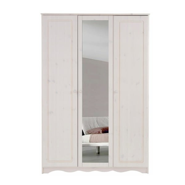 Biała 3-drzwiowa szafa z lustrem z litego drewna sosnowego Støraa Amanda