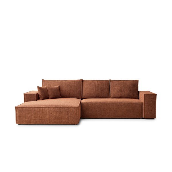 Rozkładany/ze schowkiem narożnik z tkaniny szenilowej (lewostronny/z szezlongiem) w kolorze miedzi Maze – Maison de Rêve