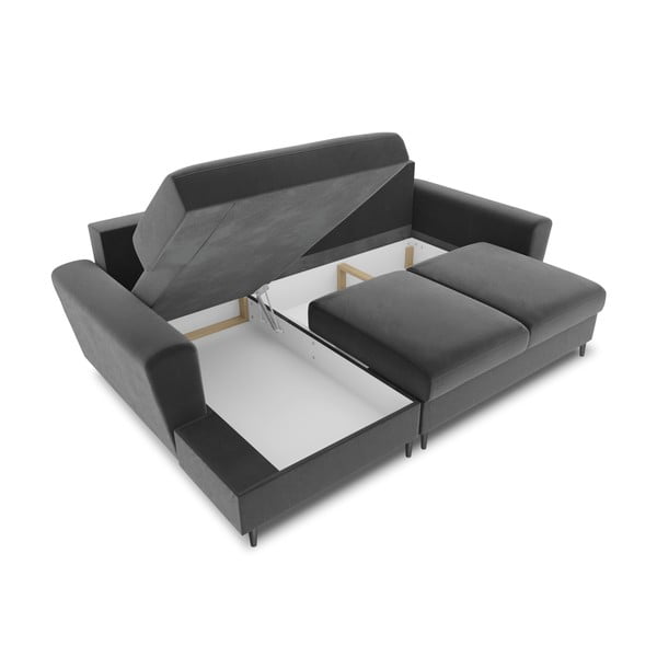 Jasnoszary aksamitny rozkładany narożnik ze schowkiem (lewostronny/z szezlongiem) Kyoto – Cosmopolitan Design-image-3