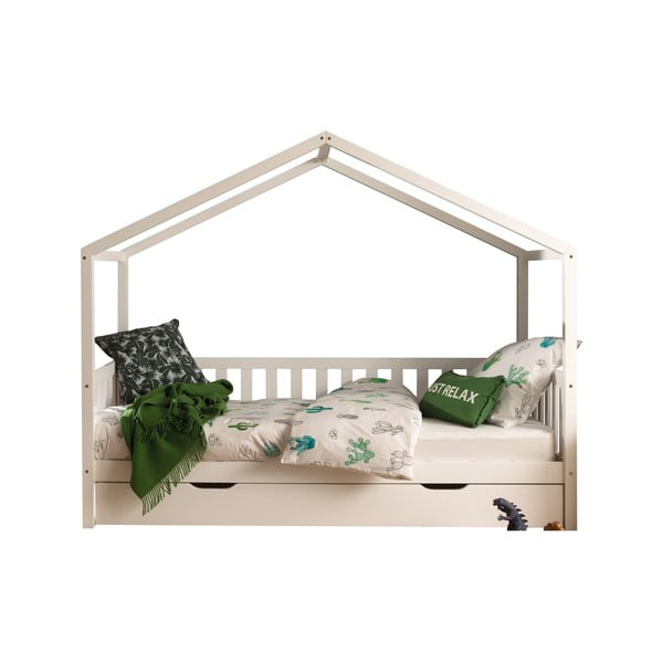 Białe łóżko dziecięce z litego drewna sosnowego w kształcie domku z wysuwanym łóżkiem ze schowkiem 90x200 cm DALLAS – Vipack