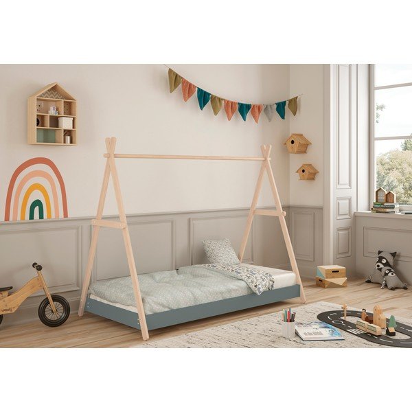Łóżko dziecięce z litego drewna sosnowego w kształcie domku ze stelażem 90x200 cm w naturalnym kolorze/szarozielone Trufa – Marckeric-image-1