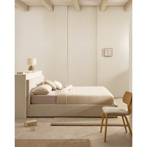 Beżowe tapicerowane łóżko dwuosobowe ze schowkiem ze stelażem 160x200 cm Nahiri – Kave Home-image-1