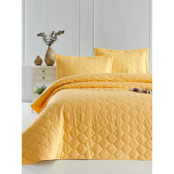 Żółta narzuta z poszewką na poduszkę z bawełny ranforce EnLora Home Fresh, 180x225 cm