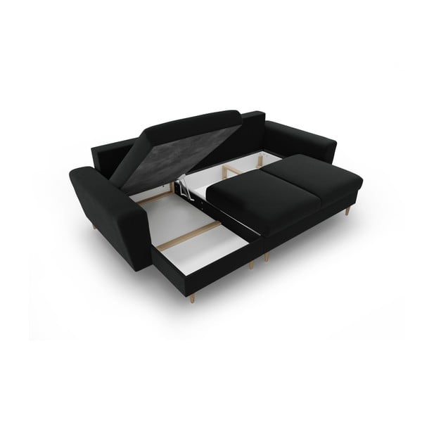 Czarny aksamitny rozkładany narożnik ze schowkiem Kyoto – Cosmopolitan Design-image-3