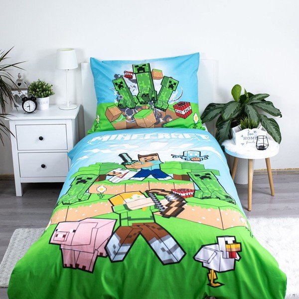 Zielono-niebieska bawełniana pościel dziecięca jednoosobowa 140x200 cm Minecraft "Outdoor Mobs" – Jerry Fabrics-image-1