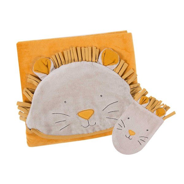 Żółty bawełniany zestaw ręcznika dziecięcego z kapturem i myjki 80x114 cm Sous mon Baobab – Moulin Roty-image-1