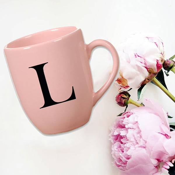 Różowy kubek ceramiczny Vivas Letter L, 330 ml