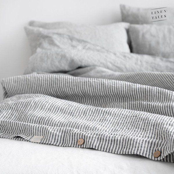 Biało-czarna lniana poszwa na kołdrę jednoosobowa 140x220 cm Thin Black Stripes – Linen Tales-image-4