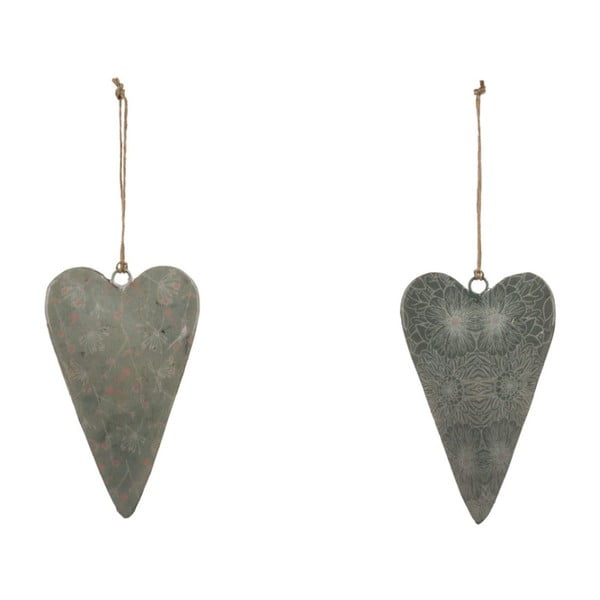 Zestaw 2 małych szarych dekoracji wiszących z metalu emaliowanego z motywem serca Ego Dekor, 5x10 cm