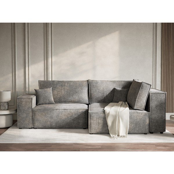 Szary rozkładany/ze schowkiem narożnik z tkaniny szenilowej (prawostronny/w kształcie litery L) Tonga – Maison de Rêve-image-1