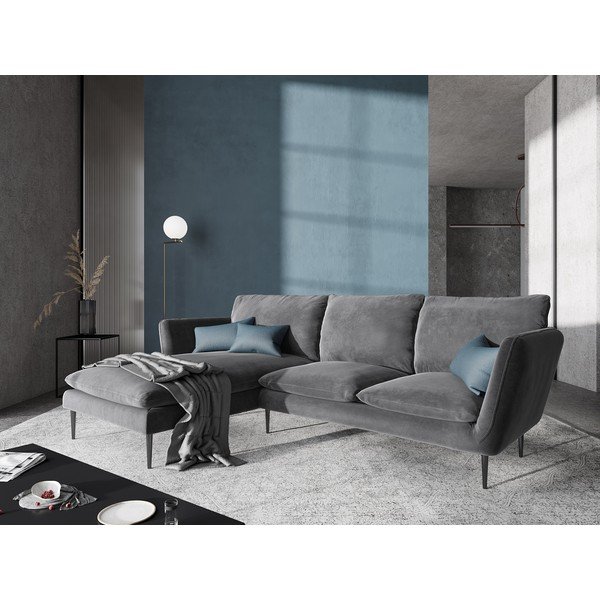 Jasnoszara aksamitna sofa narożna Mazzini Sofas Acacia, lewostronna-image-1