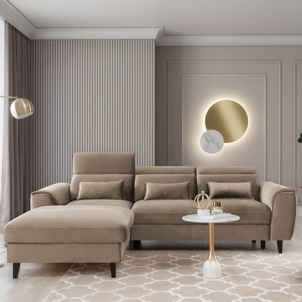 Jasnobrązowy aksamitny rozkładany/ze schowkiem narożnik (lewostronny/z szezlongiem) Foble – ELTAP-image-1