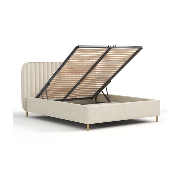 Beżowe tapicerowane łóżko dwuosobowe ze schowkiem i stelażem 140x200 cm Noto – Maison de Rêve-image-3