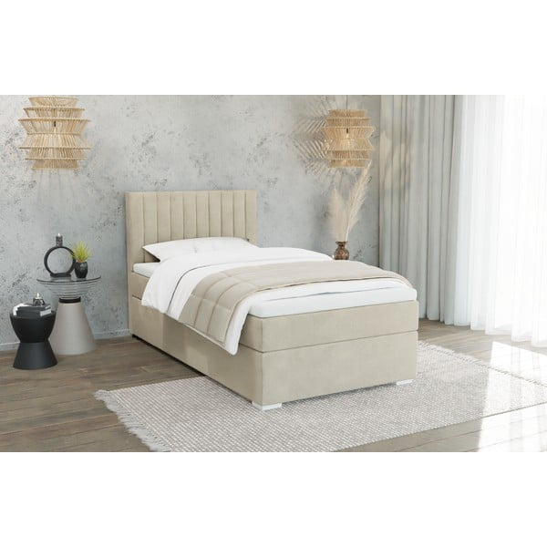 Beżowe tapicerowane łóżko ze schowkiem i stelażem 90x200 cm Bunny – Ropez-image-1