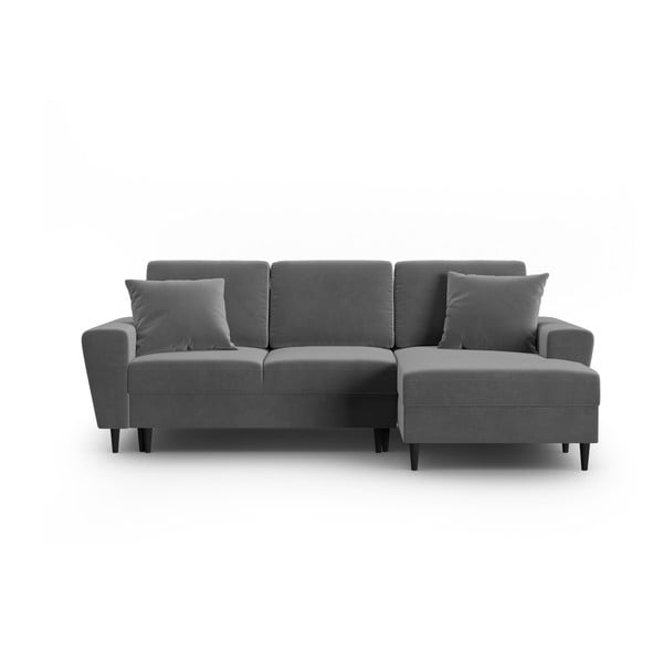 Jasnoszary aksamitny rozkładany narożnik ze schowkiem (prawostronny/z szezlongiem) Kyoto – Cosmopolitan Design