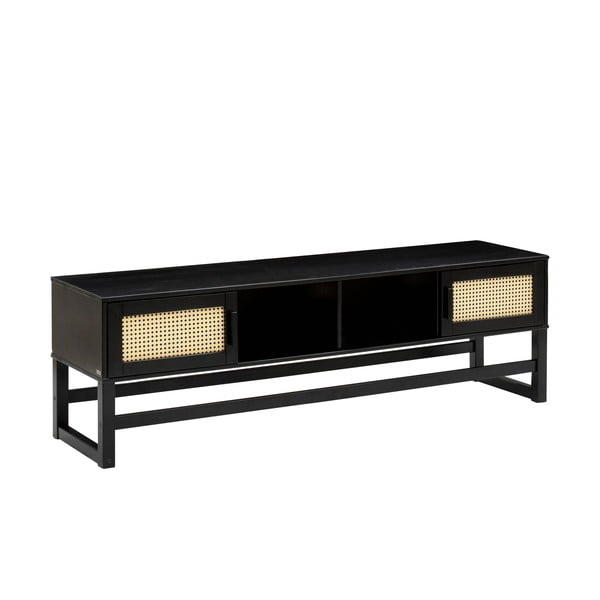 Czarny stolik pod TV z drewna sosnowego z rattanowymi drzwiczkami Støraa Jolene-image-1