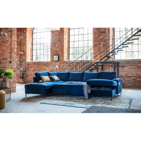 Granatowa aksamitna rozkładana sofa w kształcie litery "U" Miuform Lofty Lilly, lewostronna-image-3