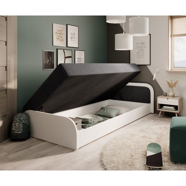 Białe/ciemnoszare tapicerowane/z płyty wiórowej łóżko jednoosobowe ze schowkiem z materacem 80x190 cm Parys – ELTAP-image-2