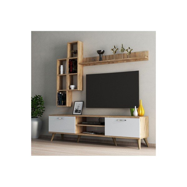 Biały zestaw pod TV w dekorze sosny 180x48 cm Veronica – Kalune Design-image-1