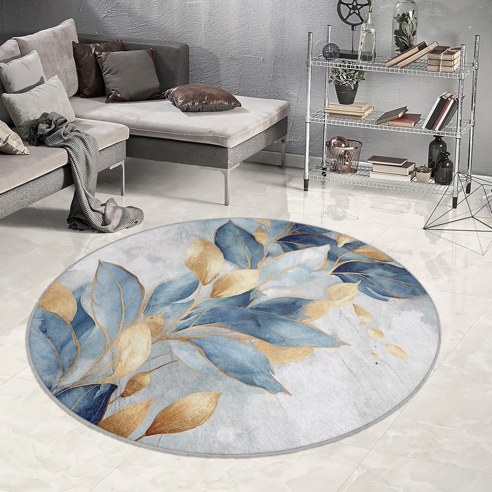 Okrągły dywan w niebiesko-złotym kolorze odpowiedni do prania ø 120 cm Golden Leaves – Mila Home (zdjęcie 3)