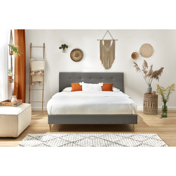 Antracytowe tapicerowane łóżko dwuosobowe ze stelażem 180x200 cm Rory – Bobochic Paris-image-4