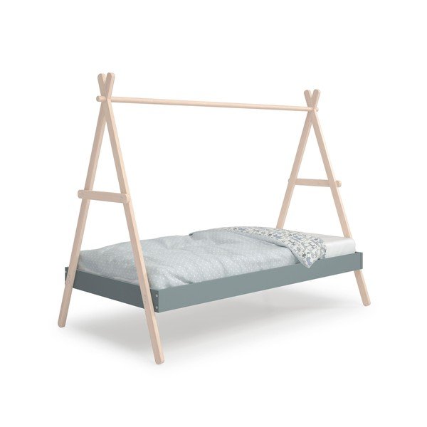 Łóżko dziecięce z litego drewna sosnowego w kształcie domku ze stelażem 90x200 cm w naturalnym kolorze/szarozielone Trufa – Marckeric-image-4