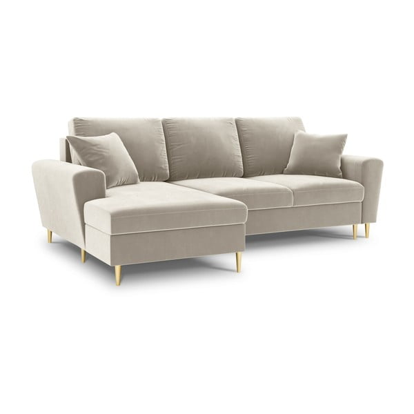 Beżowy aksamitny rozkładany narożnik ze schowkiem (lewostronny/z szezlongiem) Kyoto – Cosmopolitan Design-image-1