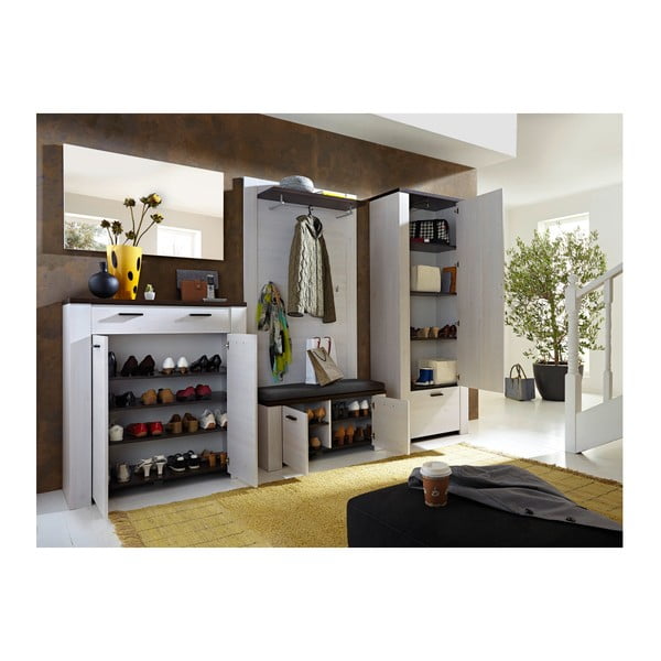 Biała szafa z dekorem lakierowanego ciemnego drewna dębowego z lustrem Germania Havanna-image-2