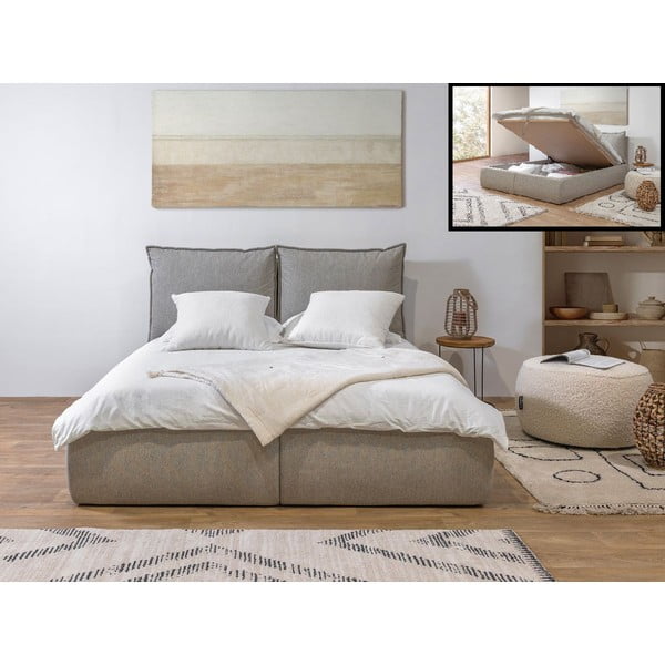 Beżowe tapicerowane łóżko dwuosobowe ze schowkiem i stelażem 160x200 cm Garance – Bobochic Paris-image-1
