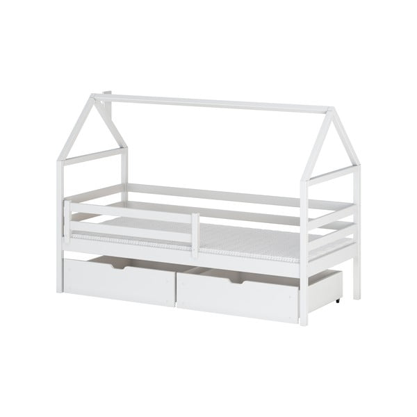 Białe łóżko dziecięce z drewna sosnowego w kształcie domku ze schowkiem 80x160 cm Aron – Lano Meble