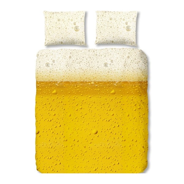 Żółta bawełniana pościel dwuosobowa Good Morning Beer, 200x200 cm