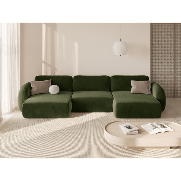 Zielony aksamitny rozkładany/ze schowkiem narożnik (w kształcie litery U) Tonale – Cosmopolitan Design-image-1