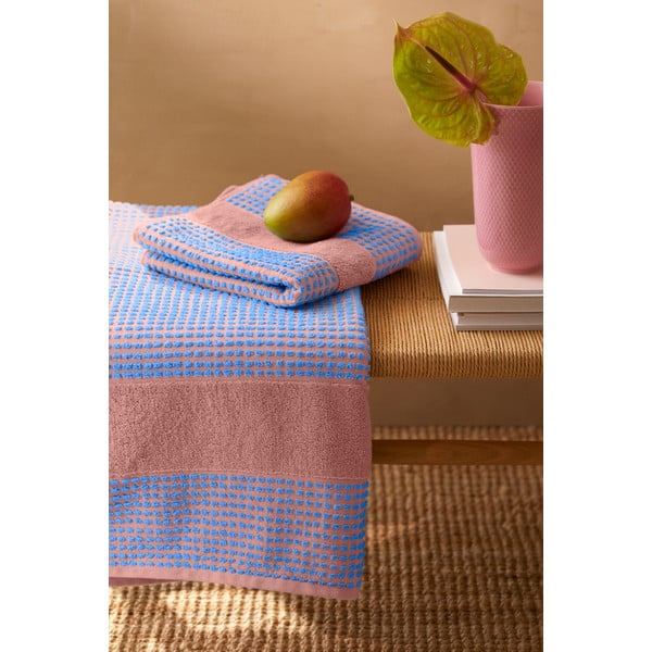 Niebiesko-różowy ręcznik kąpielowy z bawełny organicznej frotte 70x140 cm Check – JUNA-image-1