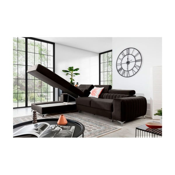 Ciemnobrązowy aksamitny rozkładany/ze schowkiem narożnik (lewostronny/z szezlongiem) Grayson – ELTAP-image-3