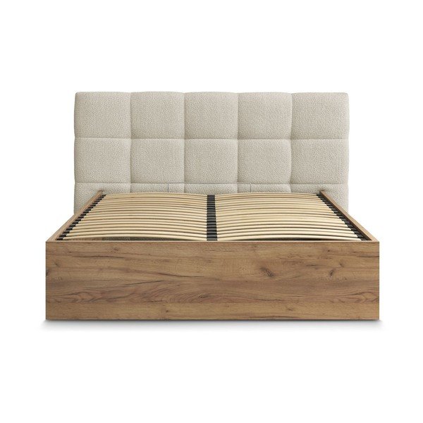 Beżowe tapicerowane tapicerowane/z płyty wiórowej łóżko dwuosobowe ze schowkiem ze stelażem 160x200 cm Kumo – Bobochic Paris