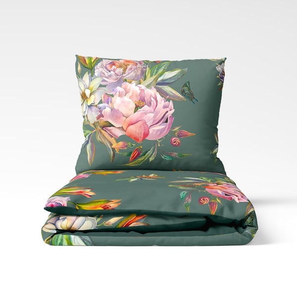 Ciemnozielona pościel dwuosobowa z satyny bawełnianej Bonami Selection Floret, 200x220 cm-image-2